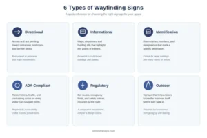 6 types of wayfinding signs: directional, informational, identification, ADA-compliant, regulatory, and outdoor