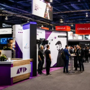 Custom trade show booth displays on a convention floor at the Javits Center NYC