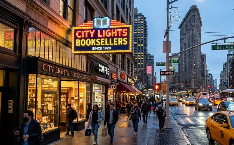 Wide street-level photo of a Manhattan sidewalk at dusk. On the left, the warmly lit storefront of "City Lights Booksellers" features a glowing marquee sign. Pedestrians walk along the sidewalk, yellow taxis drive down the street, and the iconic Flatiron Building stands in the background under a twilight sky.
