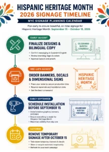 Infographic showing the recommended Hispanic Heritage Month 2026 signage ordering timeline for New York City businesses