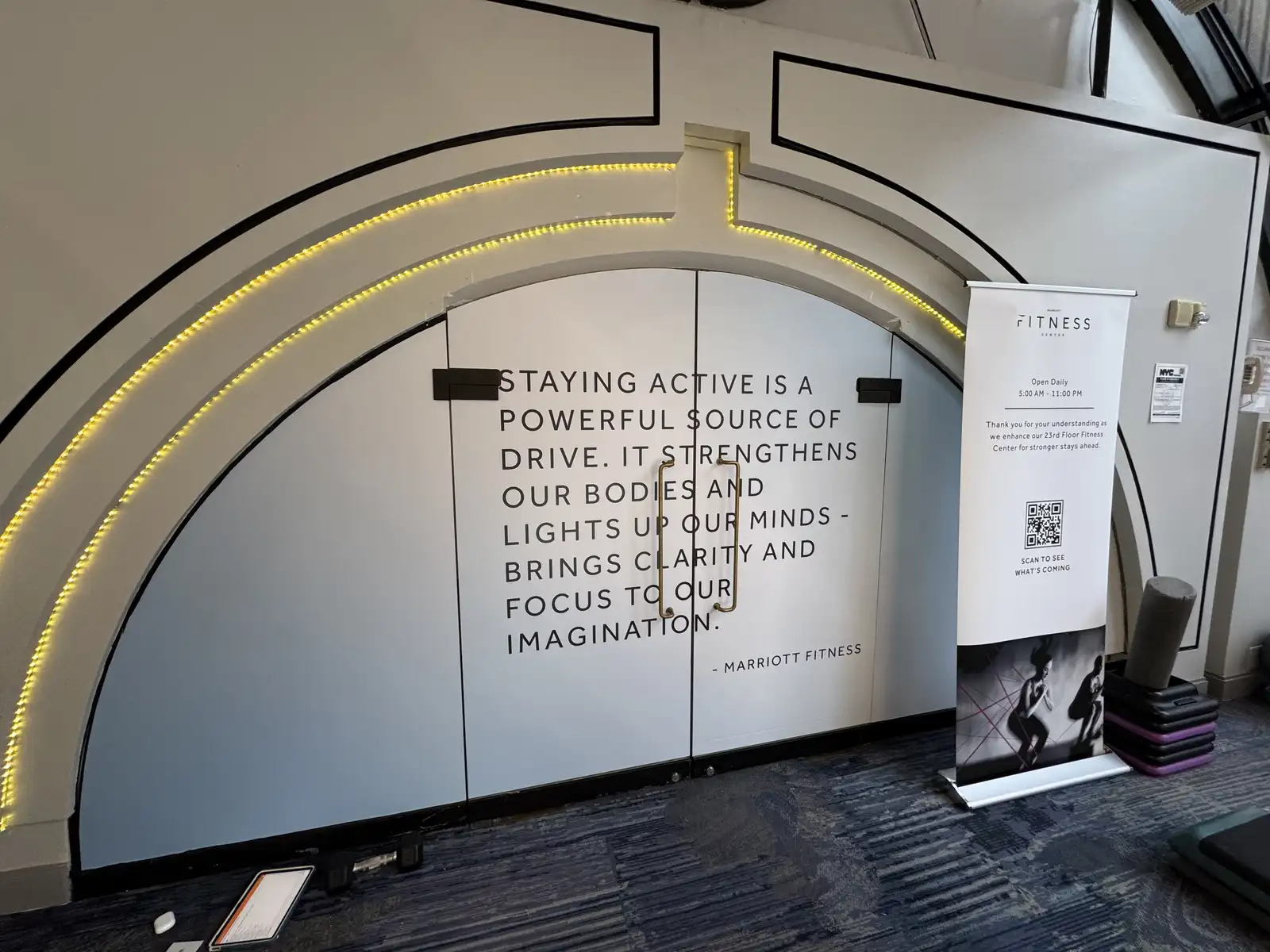 A second view of the interior vinyl glass door graphic at the Marriott Marquis gym, Manhattan, NY.