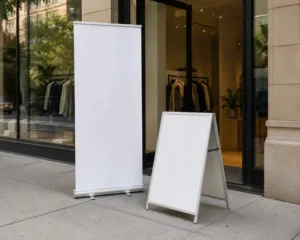 retractable banner stand and a folding A-frame sign placed outside