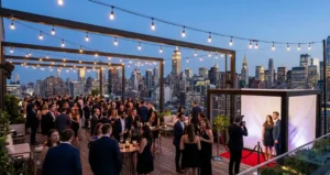 rooftop event space in New York City at dusk, Manhattan skyline with illuminated skyscrapers in the background