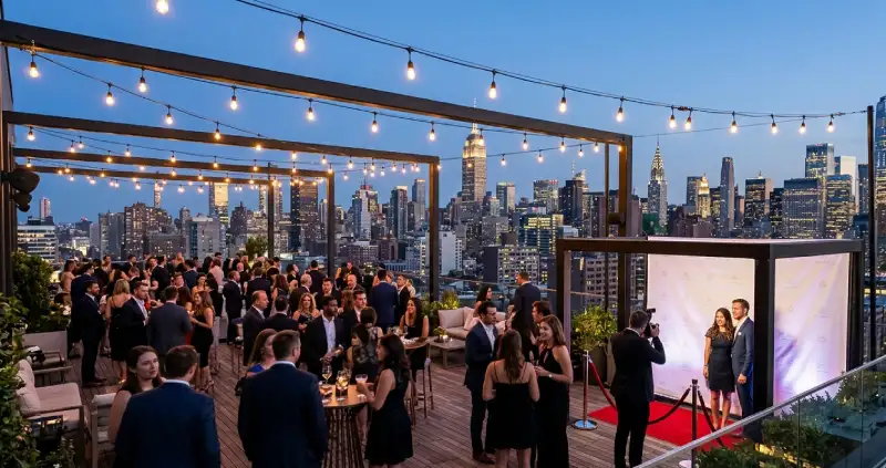 rooftop event space in New York City at dusk, Manhattan skyline with illuminated skyscrapers in the background