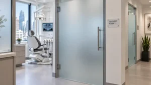 banded frosted window film on a medical office reception window in Manhattan