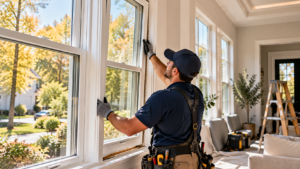 Professional installer measuring a modern black-framed window before installation.