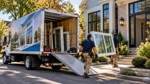 Box truck with the rear ramp open and windows ready for installation at a residential job site.