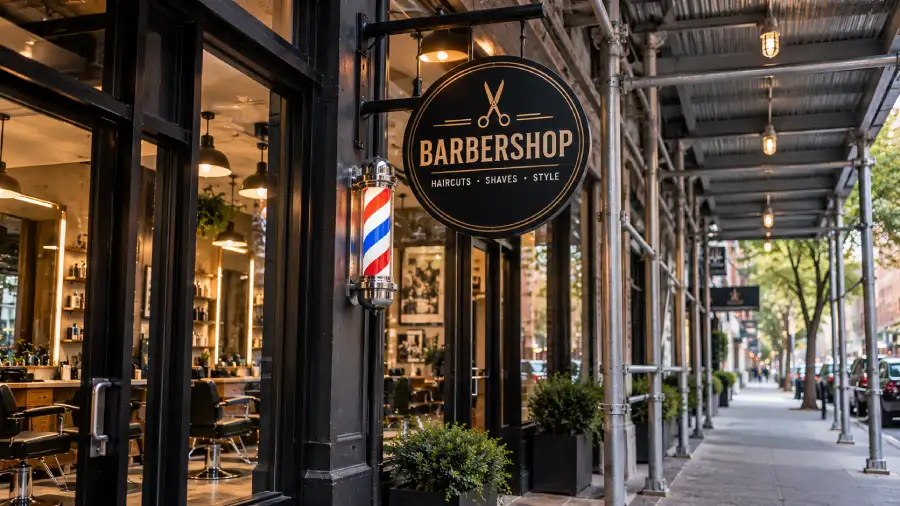 Projecting blade sign mounted below a sidewalk shed in NYC