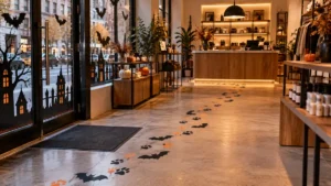 Halloween paw print floor graphics leading to a store counter