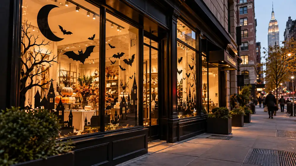 Halloween window display with die-cut bat silhouettes on a Manhattan storefront