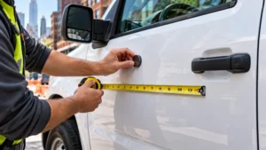 Contractor testing a truck door with a small magnet and measuring the flat area before ordering a magnetic vehicle sign.