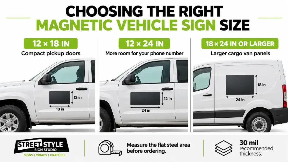 Infographic comparing 12 × 18, 12 × 24, and 18 × 24 inch magnetic vehicle sign sizes for pickup trucks and cargo vans.