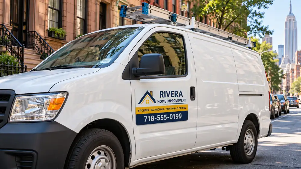 Contractor cargo van with a magnetic door sign parked on a Manhattan street.