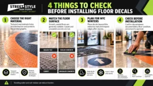 Four things to check before installing non-slip floor decals, including material, floor compatibility, winter placement, and safety documentation.