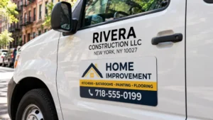 Contractor van door with permanent vinyl lettering above a removable magnetic vehicle sign.