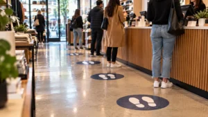 Footprint floor decals marking a register line in a NYC shop